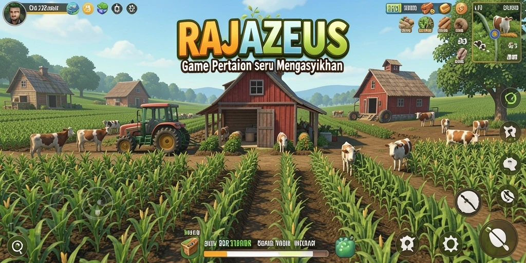 Screenshot gameplay RAJAZEUS menampilkan ladang yang subur dan aktivitas bertani.